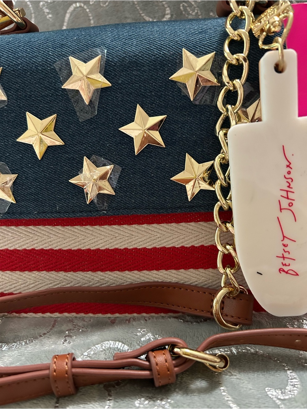 NWT Betsey Johnson, Mini, Red, White & Blue Star Studded Crossbody with Charm - Picture 3 of 12